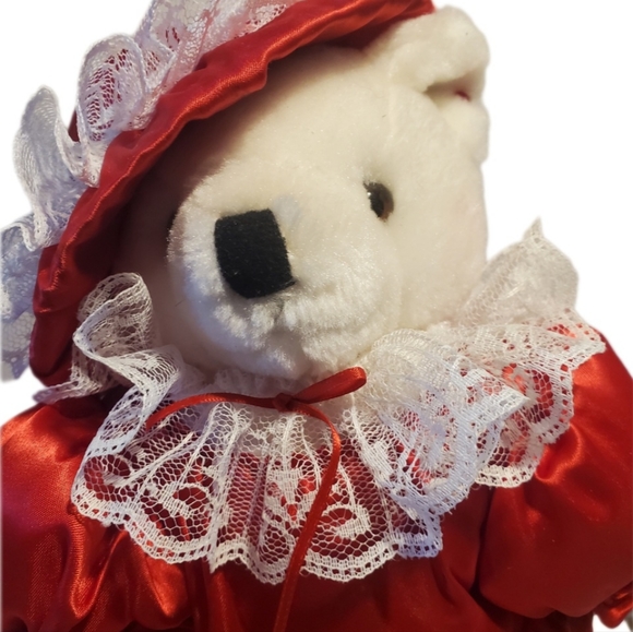 Vintage Teddy Bear On Stand w Satin & Lace Dress & Hat 15"H Great Condition - Picture 7 of 12